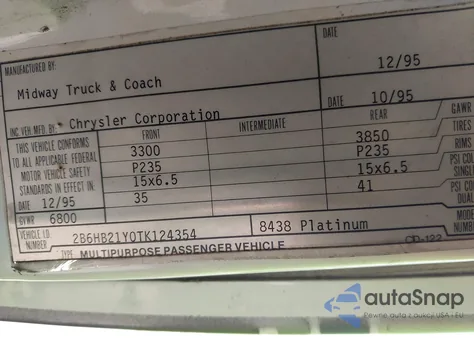 1996 Dodge Ram Van B2500 z USA, uszkodzony, nr VIN 2B6HB21Y0TK124354